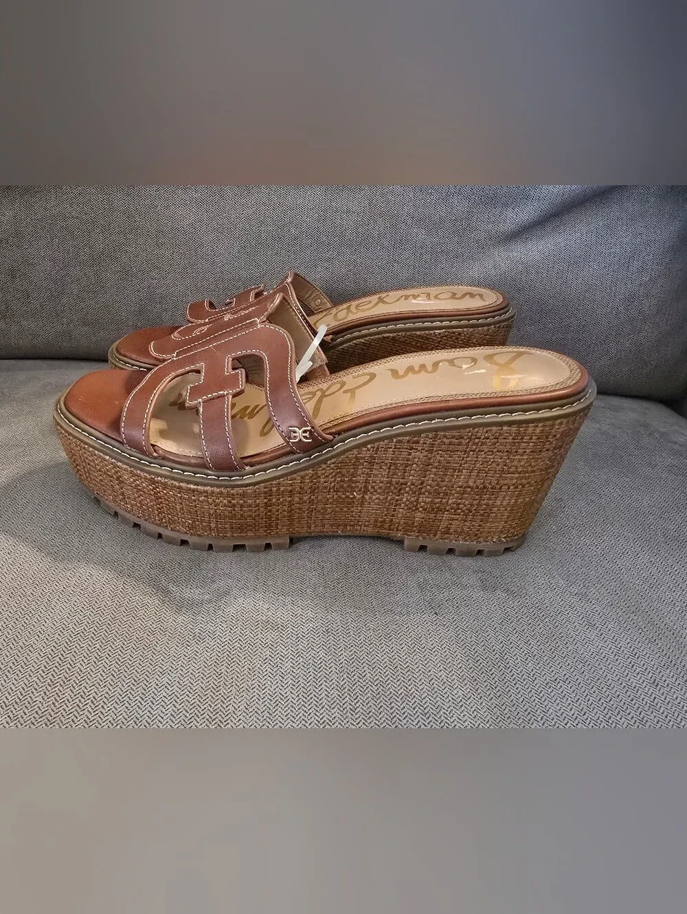 NWOB Sam Edelman Brown Leather Woven Platform Slide Sandals - 10